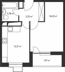 Однокомнатная квартира 39.23 м²