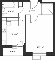 Однокомнатная квартира 39.71 м²