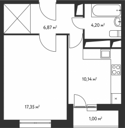 Однокомнатная квартира 39.56 м²