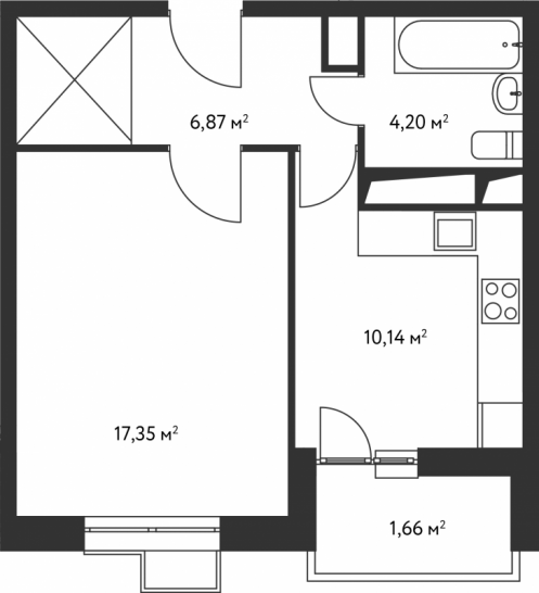 Однокомнатная квартира 40.22 м²