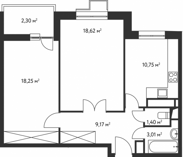 Двухкомнатная квартира 63.5 м²